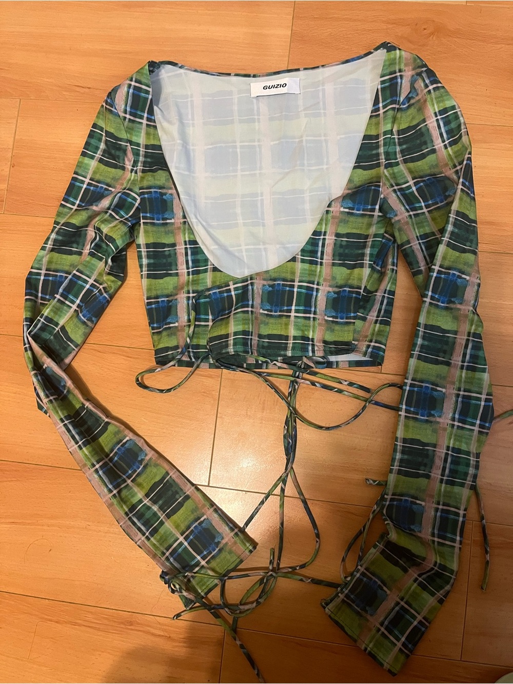 Danielle Guizio Blue Green Plaid Tie-Front Crop Top Lace-up Long Sleeves Blouse
